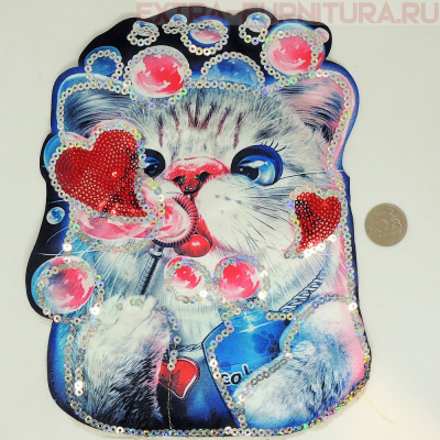 Аппликация пришивная Киска и сердечки с пайетками